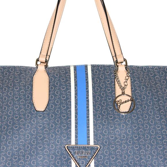 GUESS Logo Print Blue Stripe Large Tote Bag - Picture 2 of 11